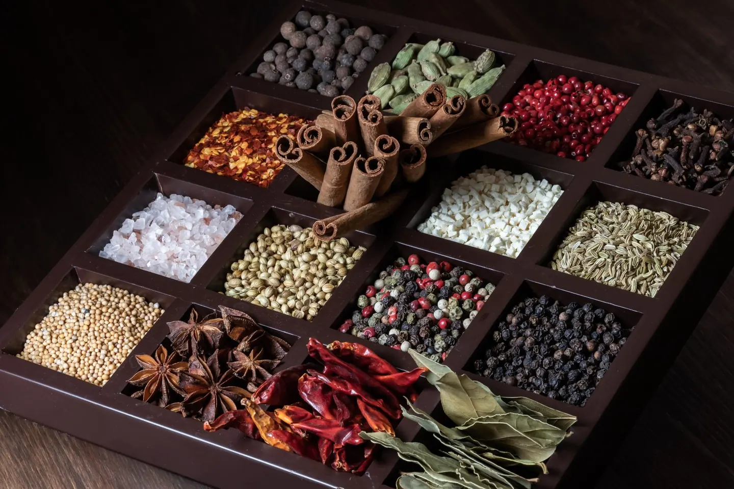 A box of whole dry spices