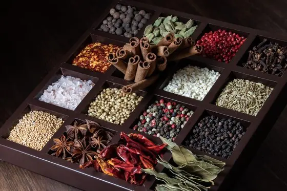 A box of whole dry spices